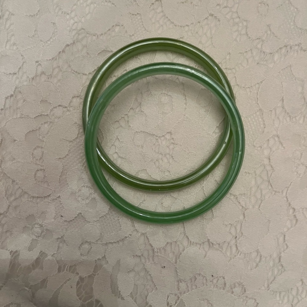 Green Glass Bangle Bracelets | Jade-Inspired Stackable | Set of Two